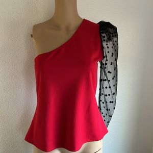 Red blouse off shoulder sheer black sleeve